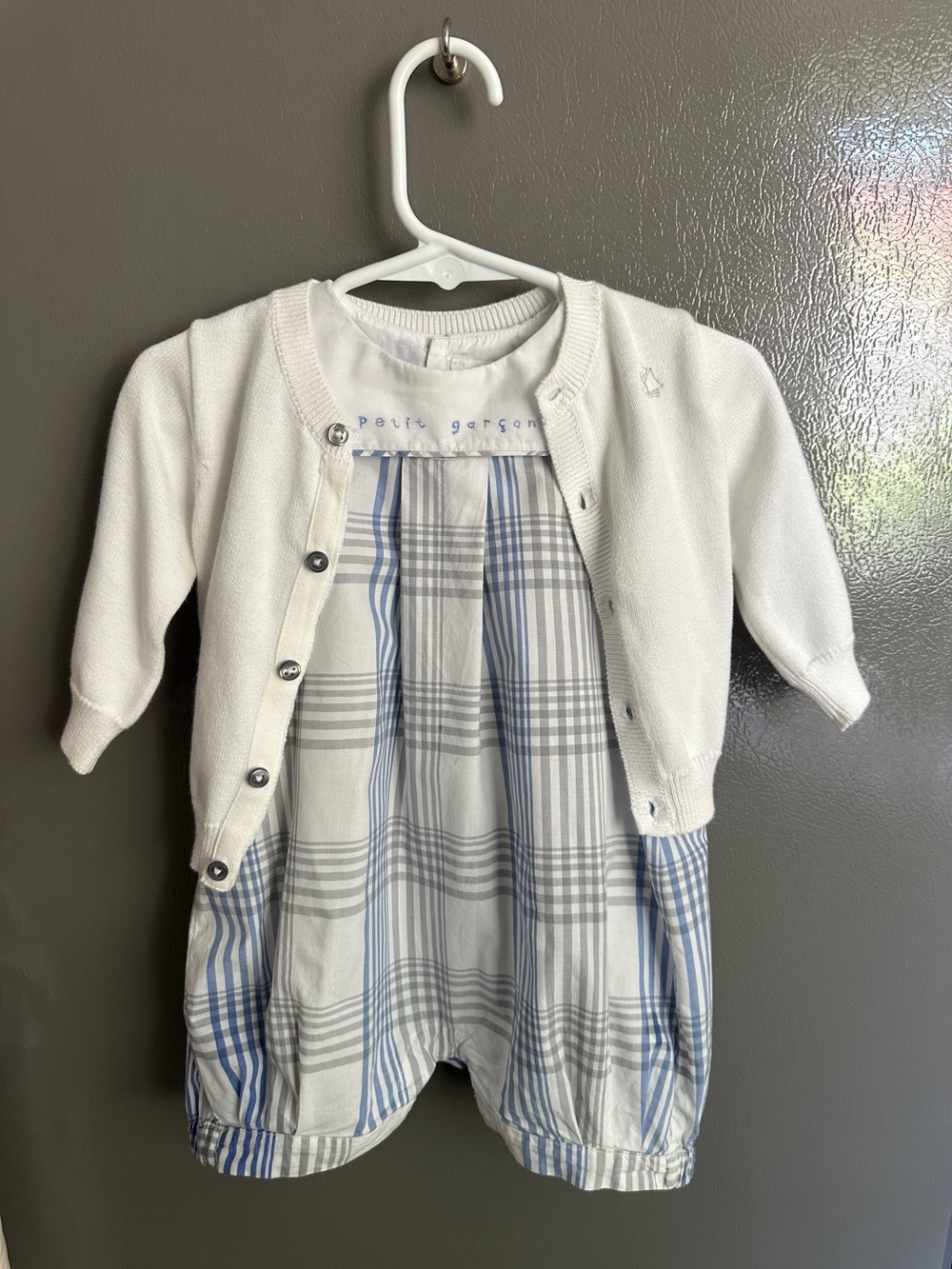 Jacadi Paris "Petit Garçon" plaid romper and NWT cardigan 6 mos